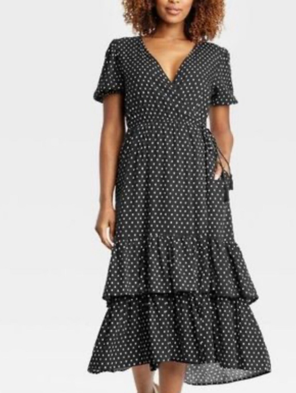Knox Rose Wrap Dress, XXL Plus Size Short Sleeve Tiered Midi Black Polka Dot New